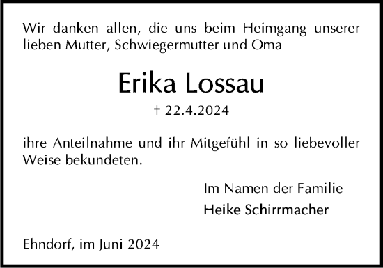 Traueranzeige von Erika Lossau von Holsteinischer Courier