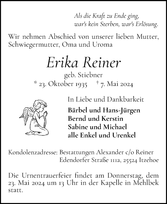 Traueranzeige von Erika Reiner von Norddeutsche Rundschau, Wilstersche Zeitung, Glückstädter Fortuna