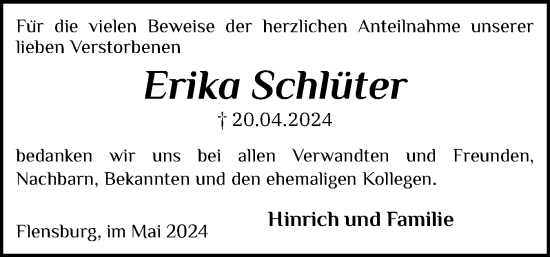 Traueranzeige von Erika Schlüter von Flensburger Tageblatt