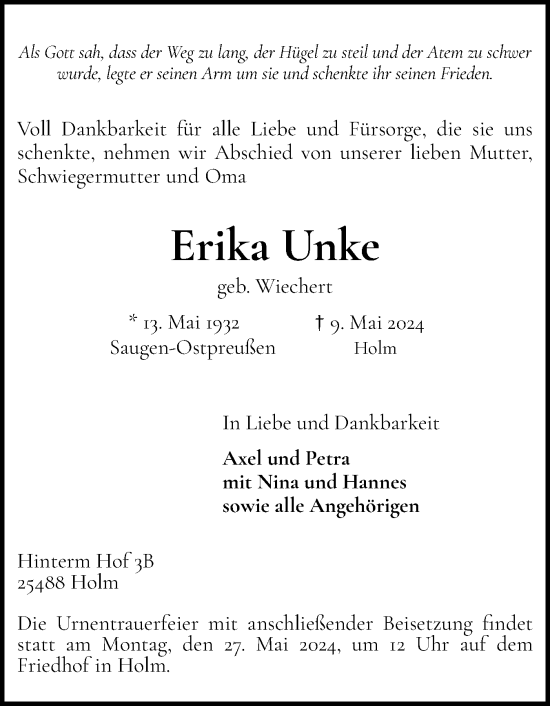Traueranzeige von Erika Unke von Wedel-Schulauer Tageblatt, tip Wedel-Schulauer Tageblatt, tip Rissener Rundschau