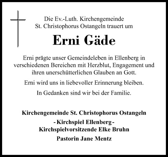 Traueranzeige von Erni Gäde von Schleswiger Nachrichten, Schlei-Bote