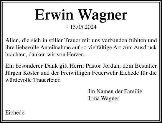 Traueranzeige von Erwin Wagner von Stormaner Tageblatt