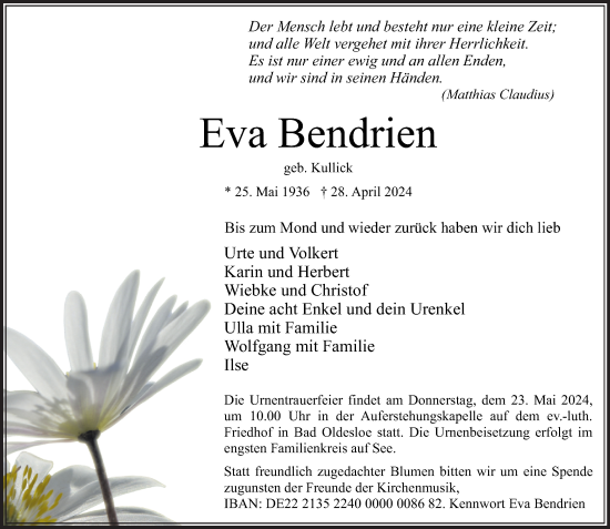 Traueranzeige von Eva Bendrien von Stormaner Tageblatt