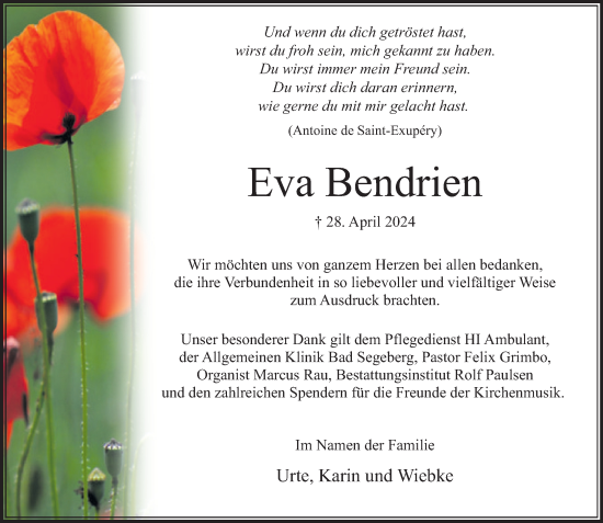 Traueranzeige von Eva Bendrien von Stormaner Tageblatt