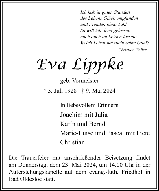 Traueranzeige von Eva Lippke von Stormaner Tageblatt