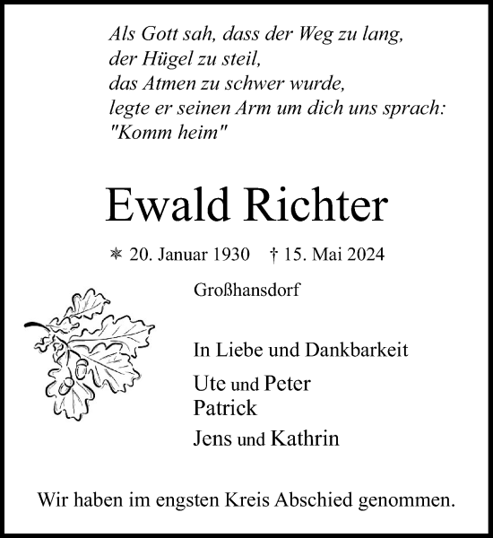 Traueranzeige von Ewald Richter von Stormaner Tageblatt