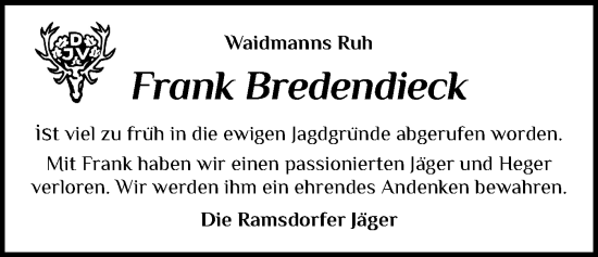 Traueranzeige von Frank Bredendieck von Schleswig-Holsteinische Landeszeitung