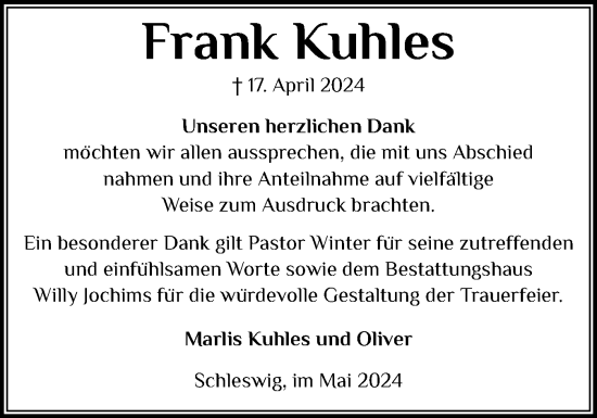 Traueranzeige von Frank Kuhles von Schleswiger Nachrichten, Schlei-Bote