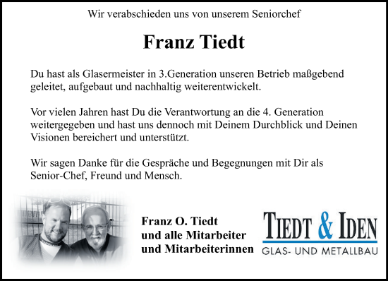 Traueranzeige von Franz Tiedt von Stormaner Tageblatt