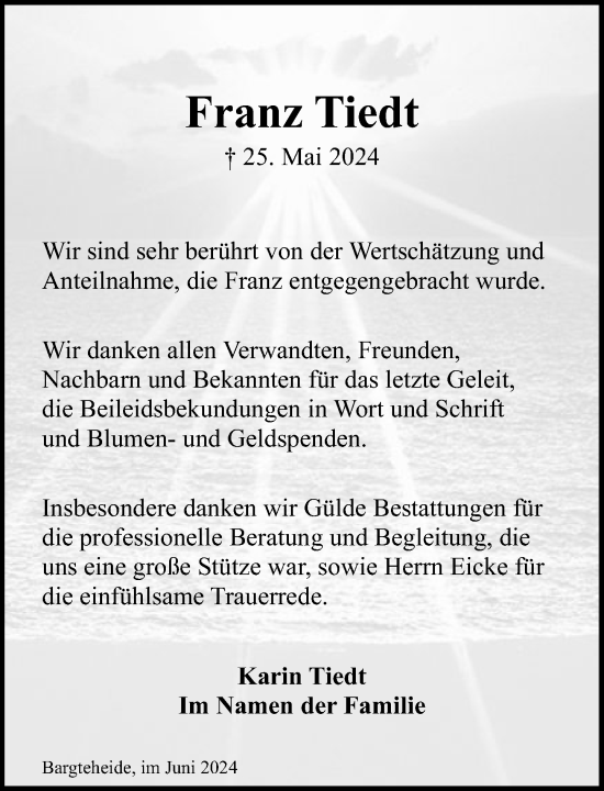 Traueranzeige von Franz Tiedt von Stormaner Tageblatt