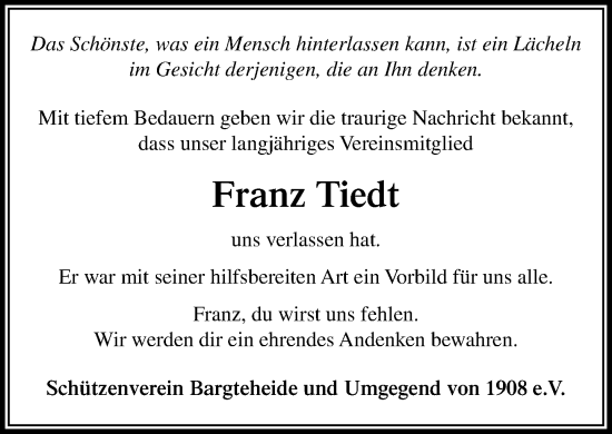 Traueranzeige von Franz Tiedt von Stormaner Tageblatt