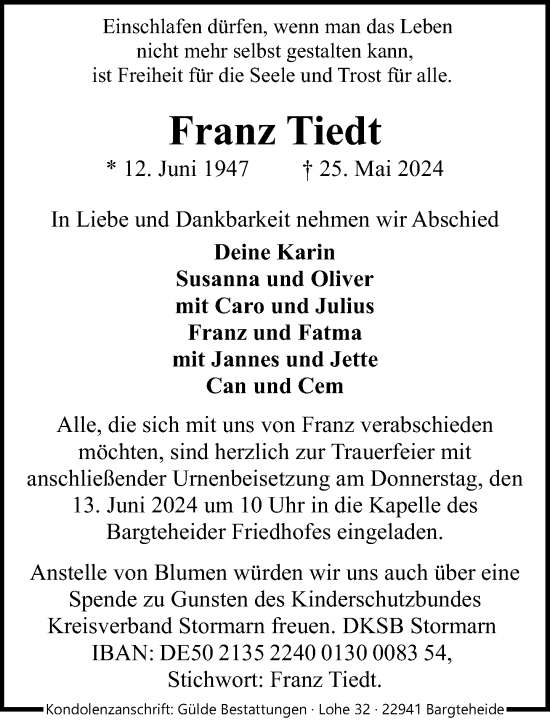 Traueranzeige von Franz Tiedt von Stormaner Tageblatt