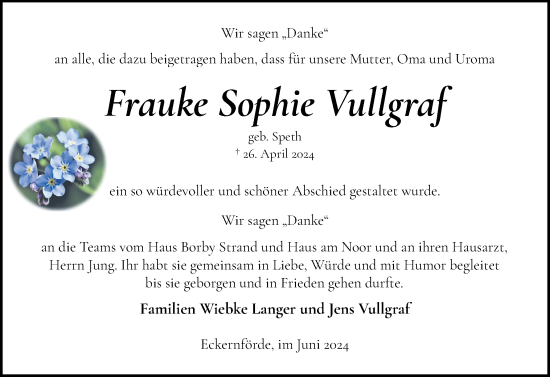 Traueranzeige von Frauke Sophie Vullgraf von Eckernförder Zeitung, Hallo Eckernförde
