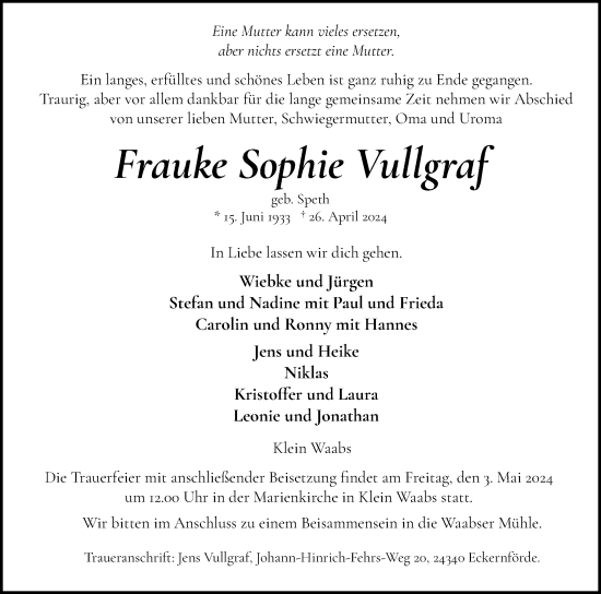 Traueranzeige von Frauke Sophie Vullgraf von Eckernförder Zeitung