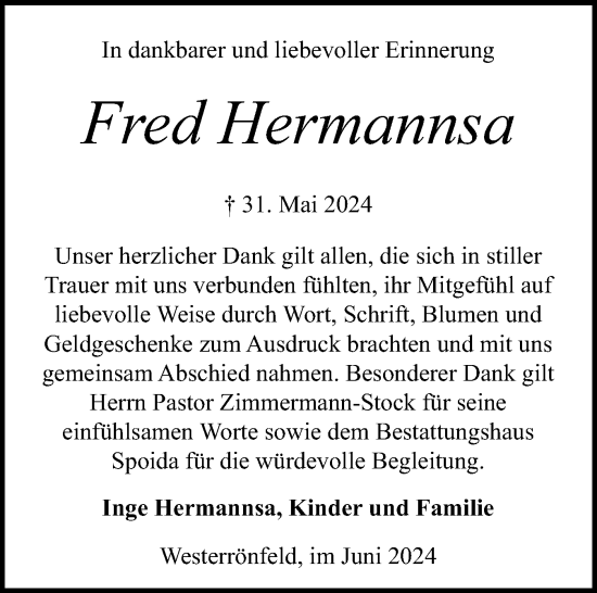 Traueranzeige von Fred Hermannsa von Schleswig-Holsteinische Landeszeitung