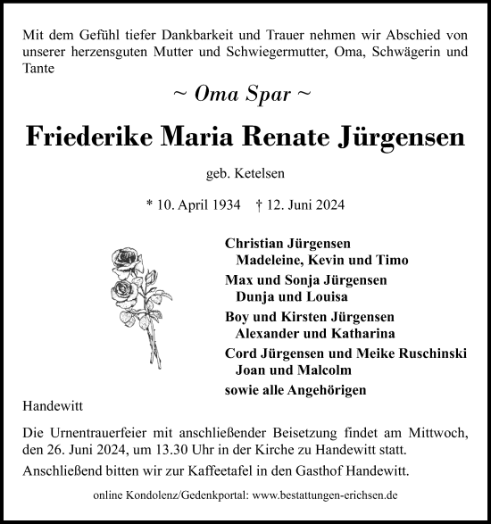 Traueranzeige von Friederike Maria Renate Jürgensen von Region Flensburg