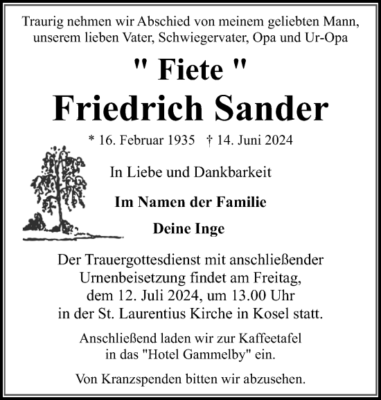 Traueranzeige von Friedrich Sander von Eckernförder Zeitung, Hallo Eckernförde