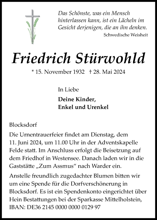 Traueranzeige von Friedrich Stürwohld von Schleswig-Holsteinische Landeszeitung