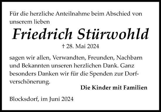 Traueranzeige von Friedrich Stürwohld von Schleswig-Holsteinische Landeszeitung