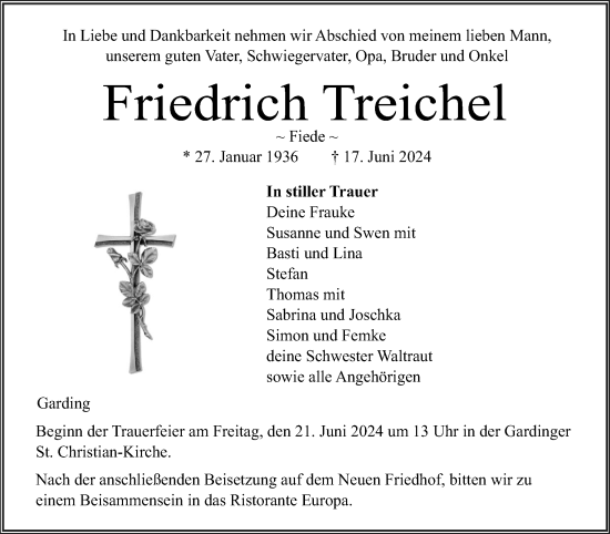 Traueranzeige von Friedrich Treichel von Husumer Nachrichten, Nordfriesland Tageblatt