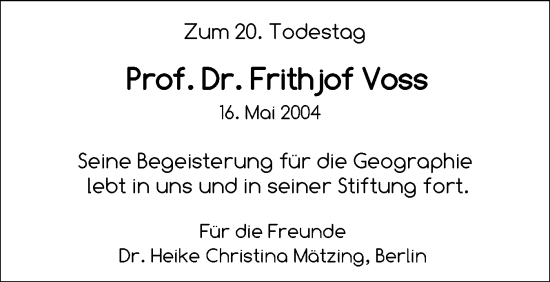 Traueranzeige von Frithjof Voss von Region Flensburg