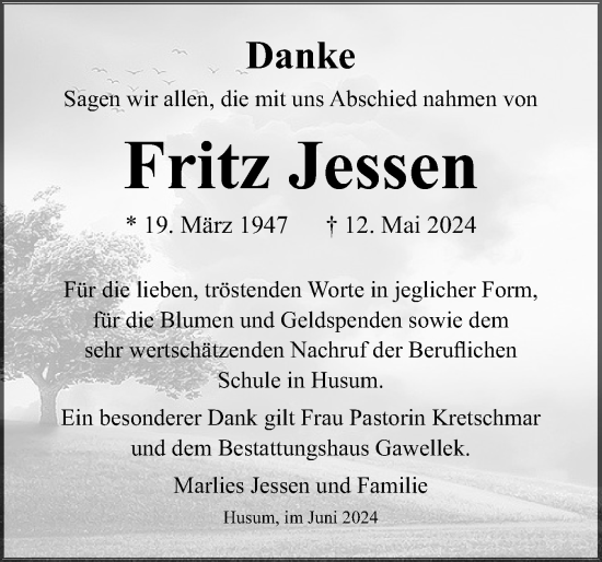 Traueranzeige von Fritz Jessen von Husumer Nachrichten, Nordfriesland Tageblatt