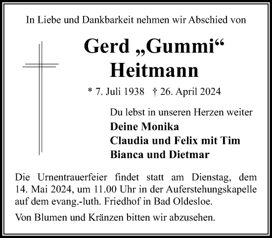 Traueranzeige von Gerd Heitmann von Stormaner Tageblatt