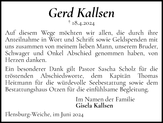 Traueranzeige von Gerd Kallsen von Flensburger Tageblatt