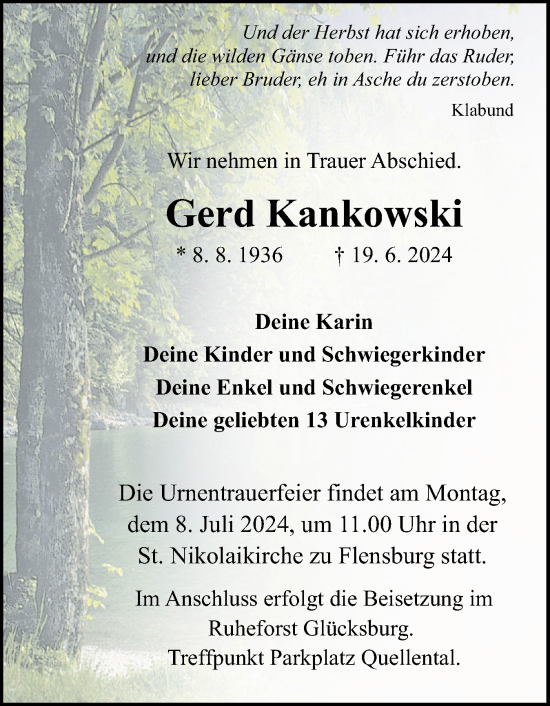 Traueranzeige von Gerd Kankowski von Flensburger Tageblatt