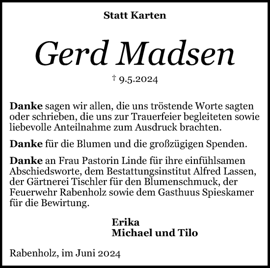 Traueranzeige von Gerd Madsen von Flensburger Tageblatt, Schleswiger Nachrichten, Schlei-Bote
