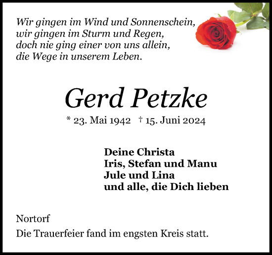 Traueranzeige von Gerd Petzke von Schleswig-Holsteinische Landeszeitung