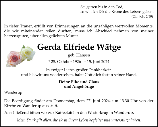 Traueranzeige von Gerda Elfriede Wätge von Flensburger Tageblatt