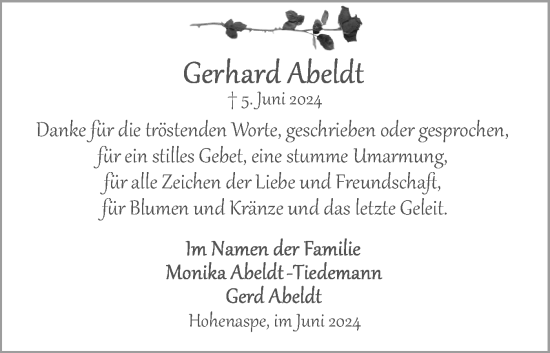 Traueranzeige von Gerhard Abeldt von Norddeutsche Rundschau, Wilstersche Zeitung, Glückstädter Fortuna