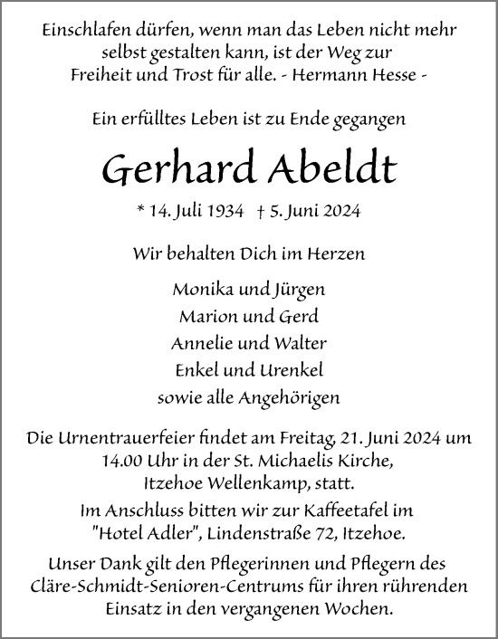 Traueranzeige von Gerhard Abeldt von Norddeutsche Rundschau, Wilstersche Zeitung, Glückstädter Fortuna