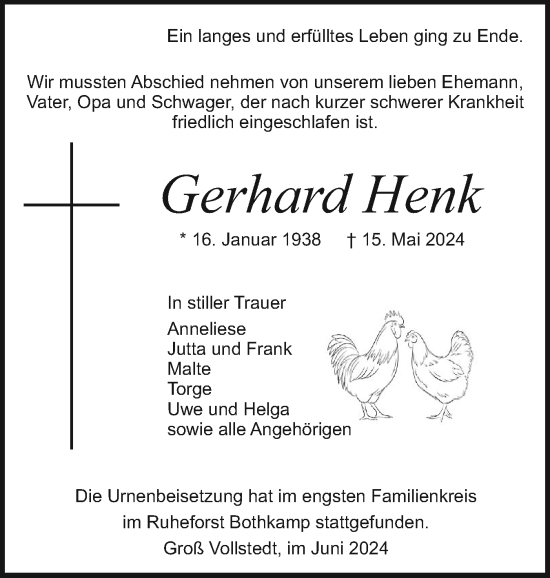 Traueranzeige von Gerhard Henk von Schleswig-Holsteinische Landeszeitung
