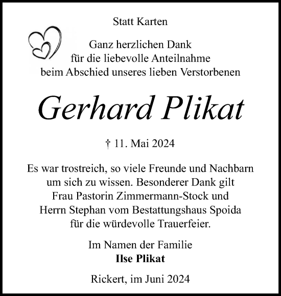 Traueranzeige von Gerhard Plikat von Schleswig-Holsteinische Landeszeitung