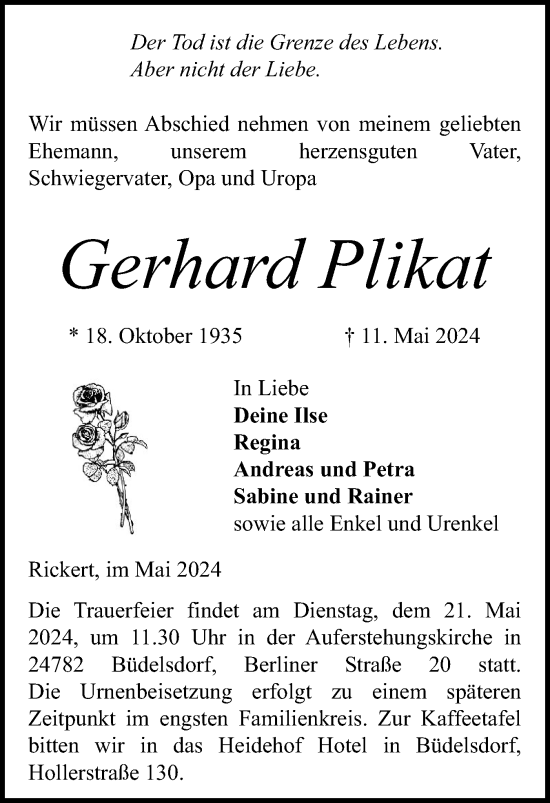 Traueranzeige von Gerhard Plikat von Schleswig-Holsteinische Landeszeitung