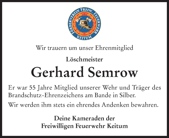 Traueranzeige von Gerhard Semrow von Sylter Rundschau