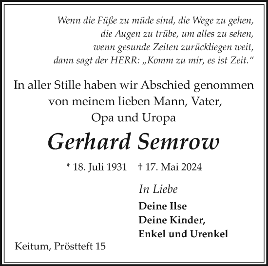 Traueranzeige von Gerhard Semrow von Sylter Rundschau