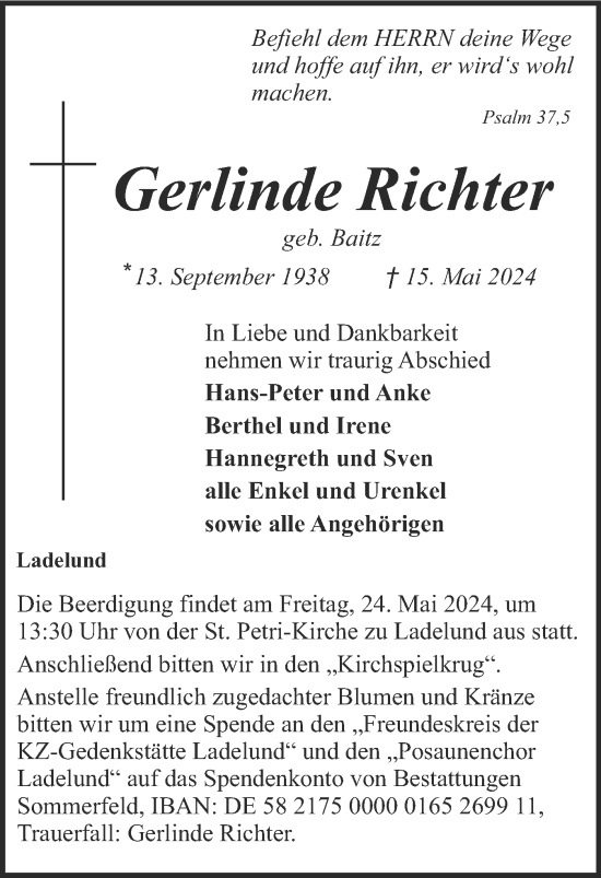 Traueranzeige von Gerlinde Richter von Husumer Nachrichten, Nordfriesland Tageblatt