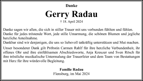 Traueranzeige von Gerry Radau von Flensburger Tageblatt