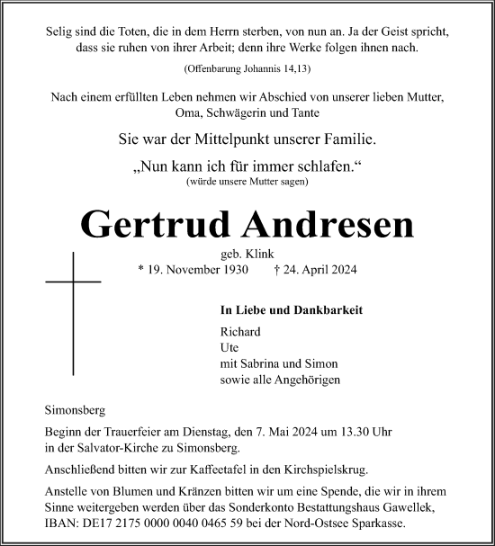 Traueranzeige von Gertrud Andresen von Husumer Nachrichten, Nordfriesland Tageblatt
