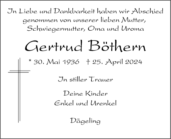 Traueranzeige von Gertrud Böthern von Norddeutsche Rundschau, Wilstersche Zeitung, Glückstädter Fortuna