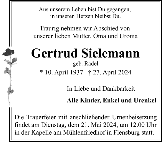 Traueranzeige von Gertrud Sielemann von Flensburger Tageblatt