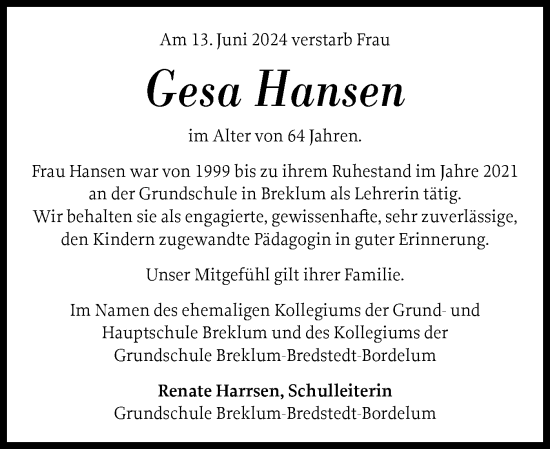 Traueranzeige von Gesa Hansen von Husumer Nachrichten, Nordfriesland Tageblatt