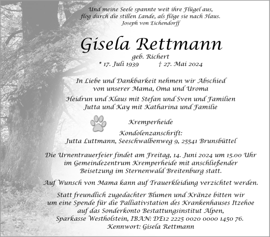 Traueranzeige von Gisela Rettmann von Norddeutsche Rundschau, Wilstersche Zeitung, Glückstädter Fortuna