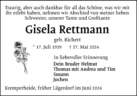 Traueranzeige von Gisela Rettmann von Norddeutsche Rundschau, Wilstersche Zeitung, Glückstädter Fortuna