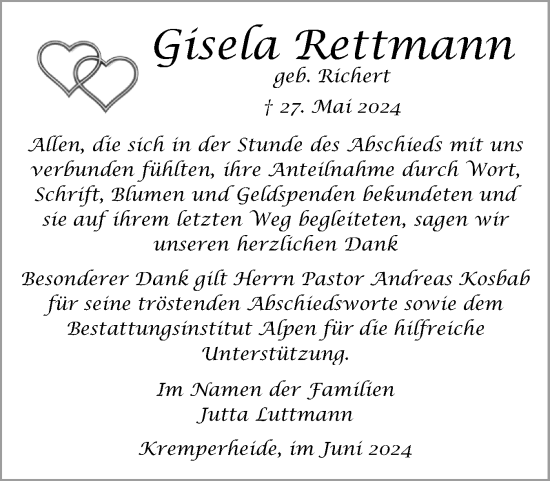 Traueranzeige von Gisela Rettmann von Norddeutsche Rundschau, Wilstersche Zeitung, Glückstädter Fortuna