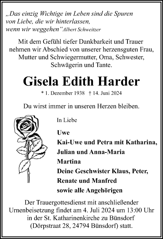 Traueranzeige von Gisela Edith Harder von Schleswig-Holsteinische Landeszeitung