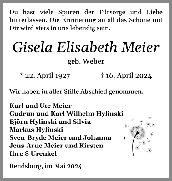 Traueranzeige von Gisela Elisabeth Meier von Schleswig-Holsteinische Landeszeitung